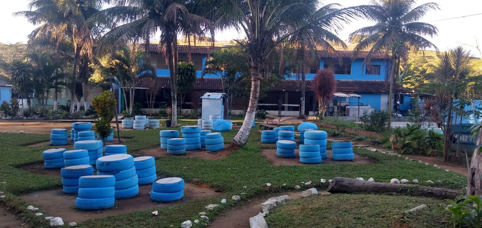 Sede do Instituto Viva Mais: área verde com jardins e coqueiros em frente ao prédio principal